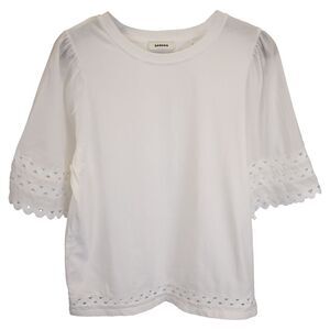 Sandro Wo Belize Eyelet-Embellished T-shirt in White Cotton